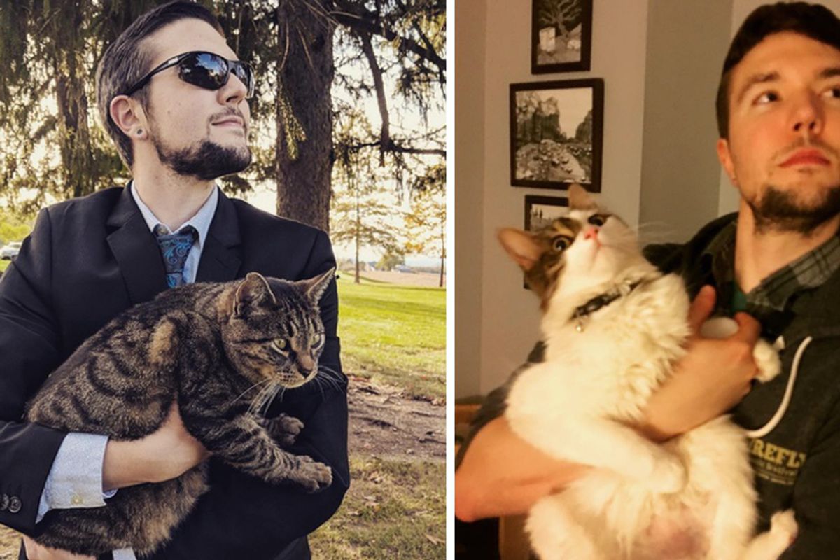 Man Can't Have a Cat So He Takes Photo With Every Kitty He Meets and Gives Them Cuddles