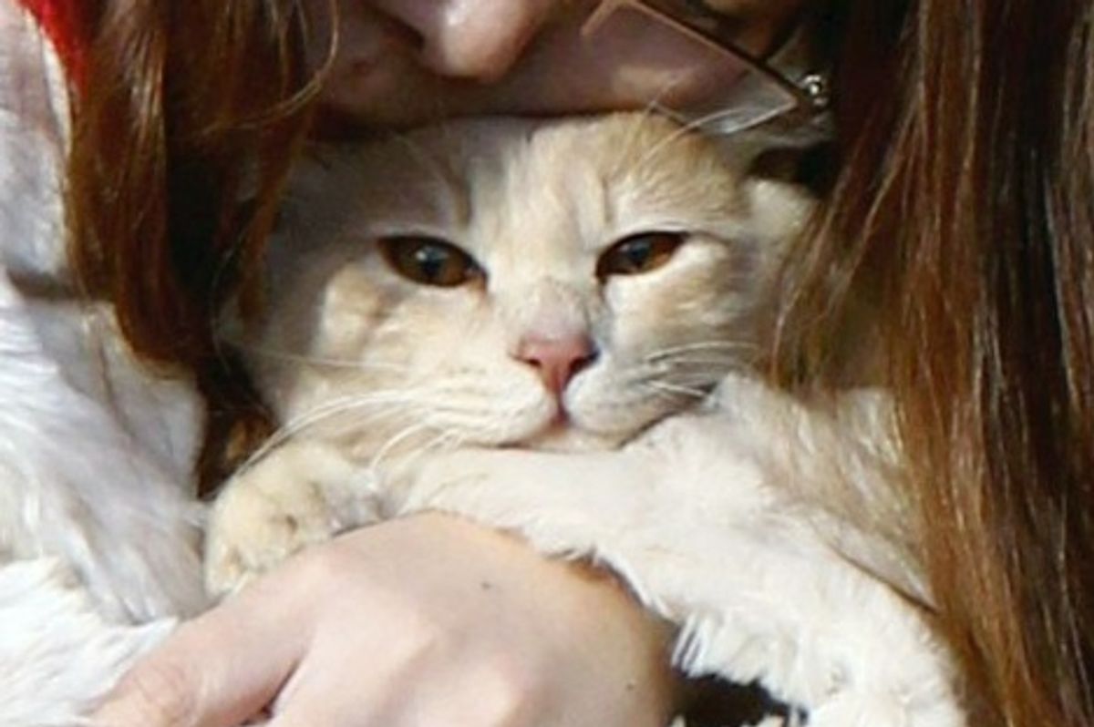 Woman Holds Beloved Cat at Evacuation Center in Fukushima