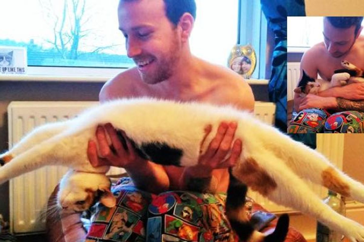 Adopted Cat Does Morning Stretches with Her Human Dad
