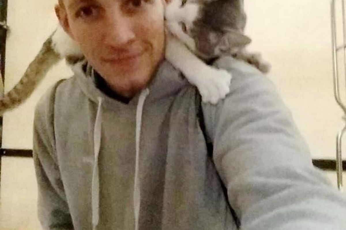 Shelter Cat Climbs on Man's Shoulders Asking Him to Be His Forever Human...